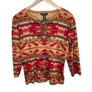 Chaps Womens XL Southwestern Aztec Print Lace-Up Neckline Cotton Top